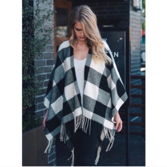 Ivory & Black Buffalo Plaid Poncho Sweater Wrap - Picture 2 of 9